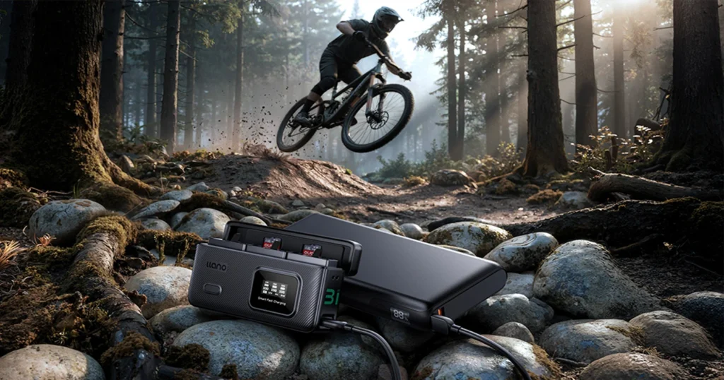 Llano AC3 Fast Charging case with 3 batteries and a mountain biker in the background. 